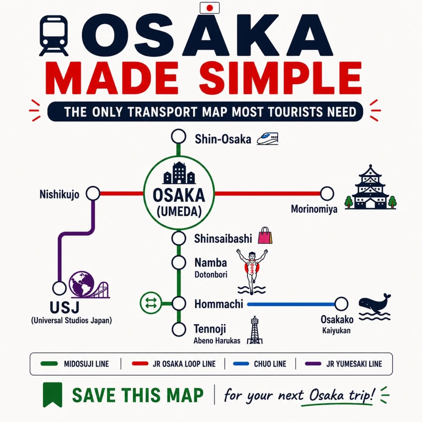 Osaka Tourist Transport Map and Attraction Guide